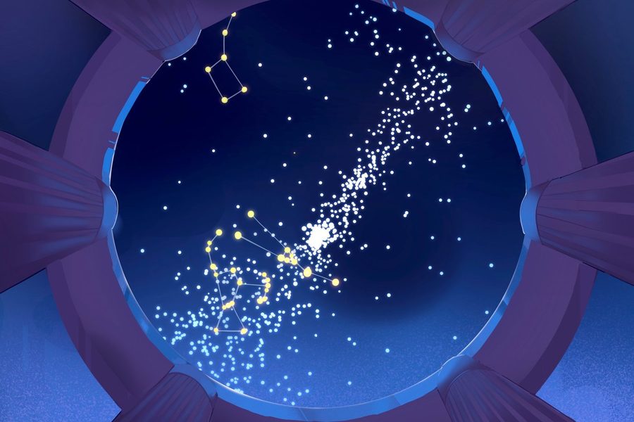 Looking up out of a well at a starry sky crowded with Pleiades complex stars (art: Ana Isabel Lopez Murillo)