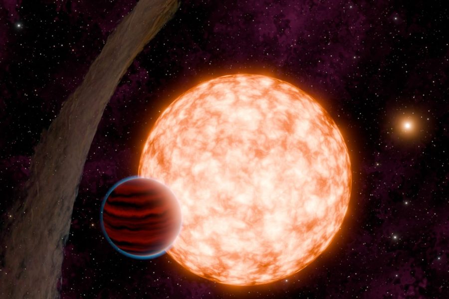 Artist's illustration of IRAS 04125+2902 b crossing its young star, with a tilted outer disk (NASA/JPL-Caltech/R. Hurt, K. Miller)